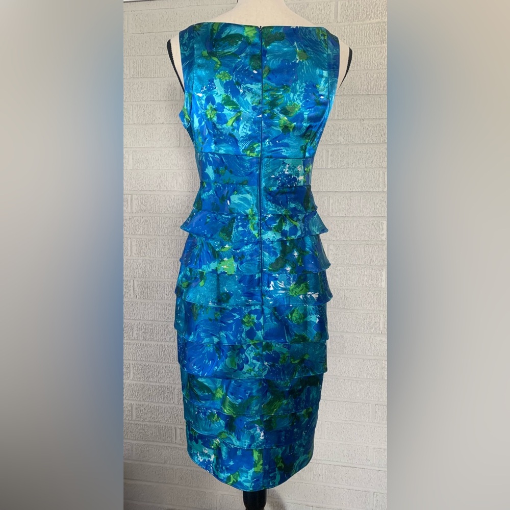 London Times Blue and Green Satin Tiered Sleeveless Cocktail Dress 6 Petite EUC - Picture 3 of 12
